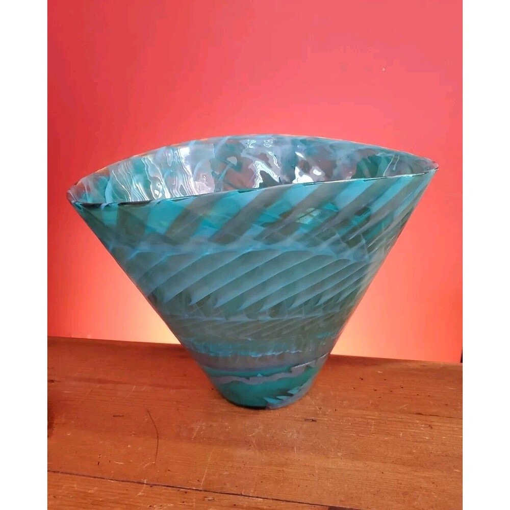 Murano Aquamarine Swirl Ocean Glass Vase Green Vintage Rare Labeled Italy Bowl